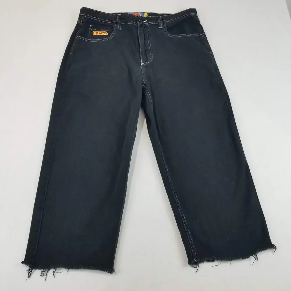 Empyre Jeans Mens 34 Black Relax Wide Leg Baggy Y2K Frayed Denim Skater